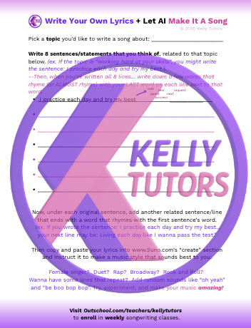 A printable worksheet from Kelly Tutors for writing a song, with purple and pink design, lines for writing, and instructions for creating a song. The Kelly Tutors logo is on the right side.