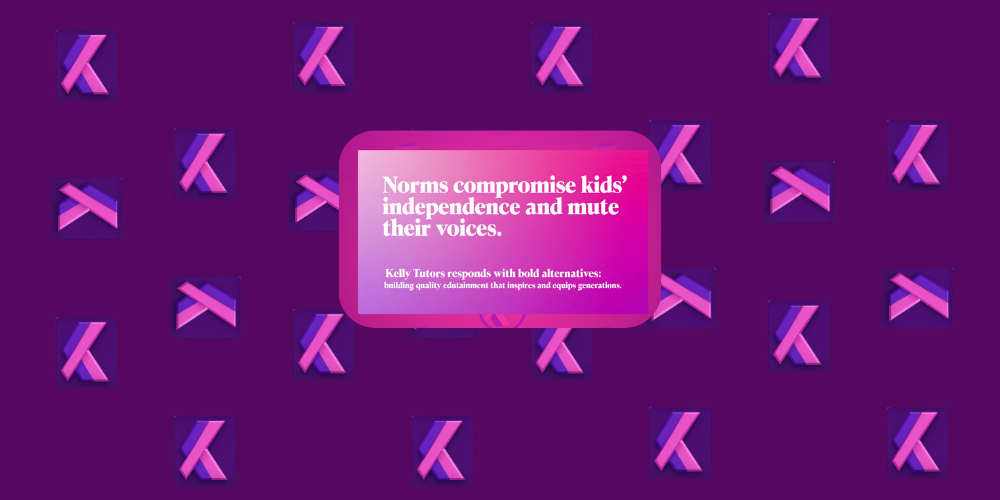 A pink and purple gradient background with repeated Kelly Tutors logo. Centered in the image is a pink rectangle with white text that reads: "Norms compromise kids’ independence and mute their voices." Below that, in smaller text, it says: "Kelly Tutors responds with bold alternatives: building quality edutainment that inspires and equips generations."