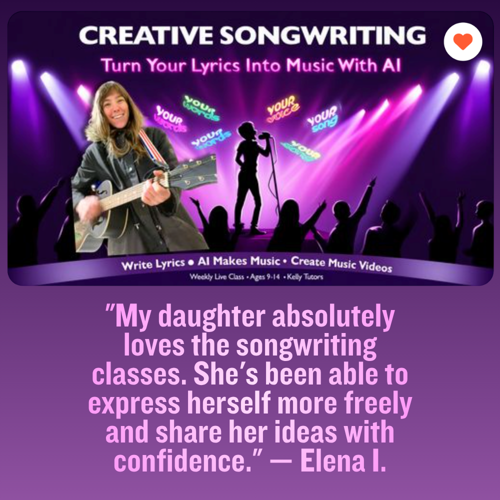 Promotional graphic for creative songwriting classes titled "Turn Your Lyrics Into Music With AI." Features a woman smiling and holding a guitar, a silhouette of a singer on stage with a microphone, and an audience with raised hands under stage lights. Includes text about writing lyrics, AI making music, and creating music videos, along with a positive client testimonial.