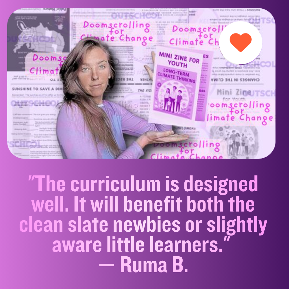 A woman holds a purple mini magazine titled "Mini Zine for Youth: Long-Term Climate Thinking," with various climate change-related materials and posters background, which emphasizes climate awareness and education for youth.