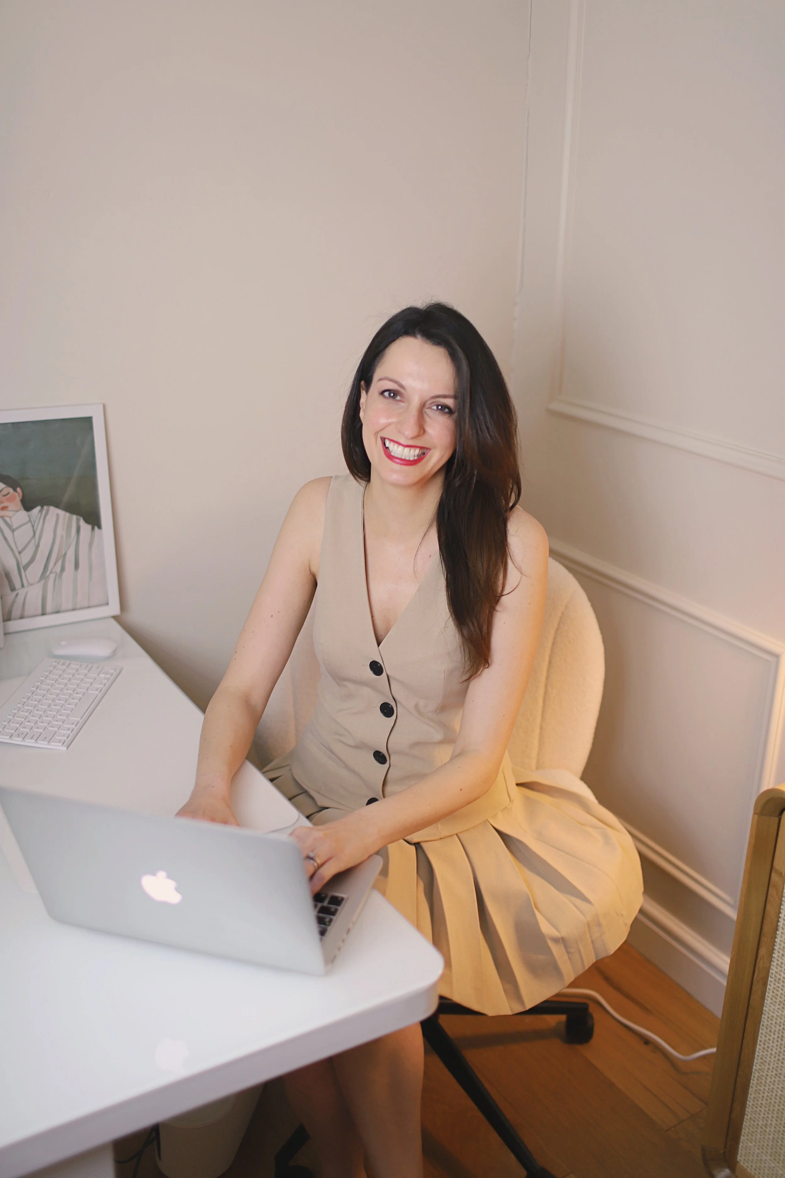 Louise Devereux, co-founder and patient coordinator, at her desk in the Hale aesthetic clinic