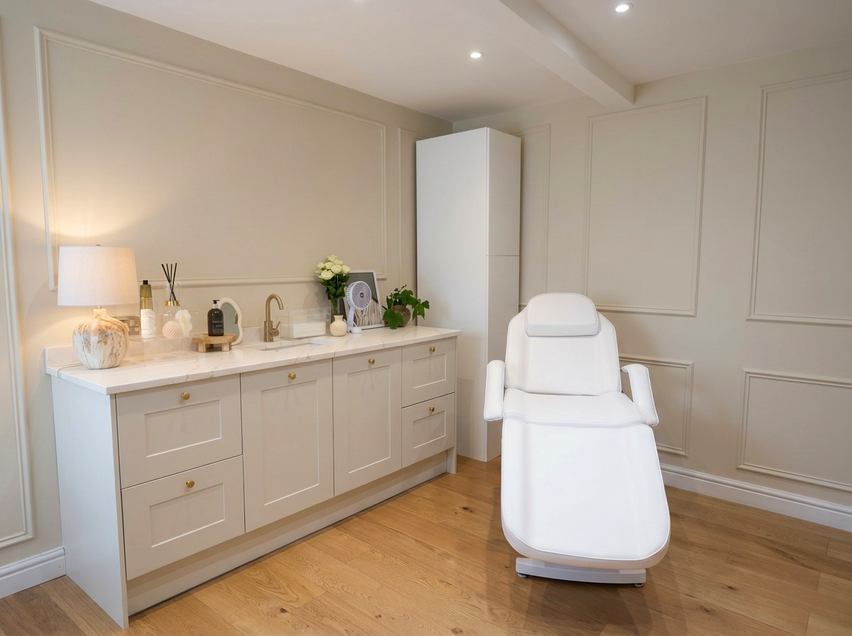 A clean, modern medical or skincare treatment room with a white treatment chair, a white cabinet with decorative items, a lamp, and plants.