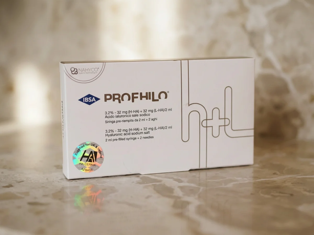 White box of IBSA Profhilo with a circuit-like line design and text describing the product's ingredients, dosage, and application, placed on a marble surface.