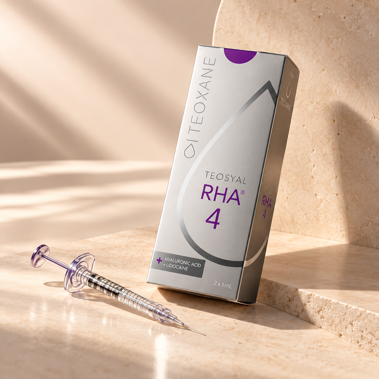 A box of Teosyal RHA 4 hyaluronic acid dermal filler on sandy surface