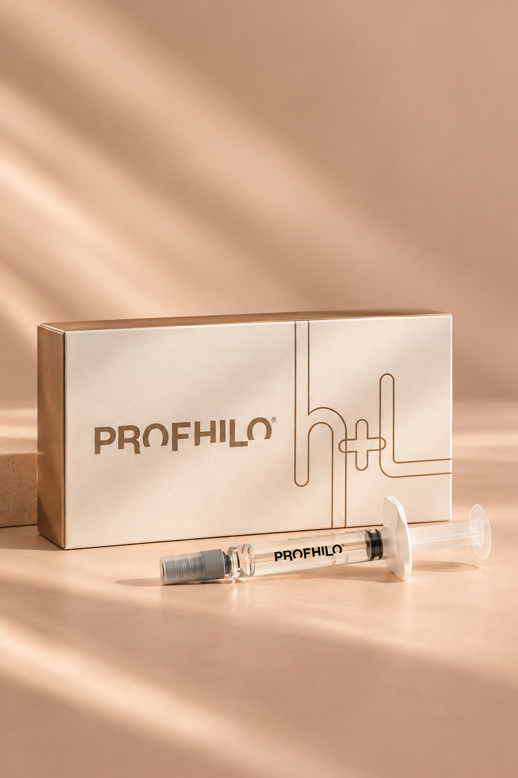 A box labeled PROFHILO with a syringe placed in front of it, on a light-colored surface with soft lighting and shadows.