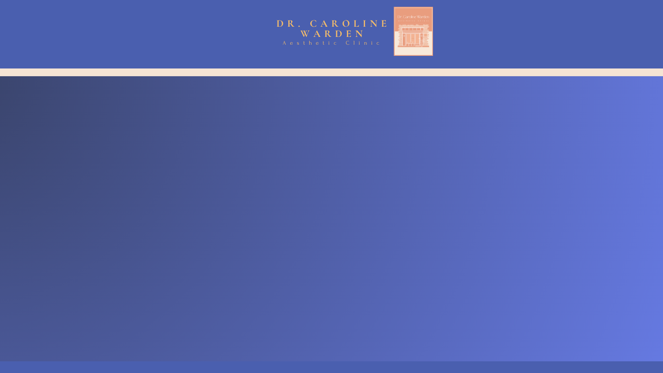 Screenshot of Dr. Caroline Warden Aesthetic Clinic website header with a blue background, beige lines, and a logo on the top right.