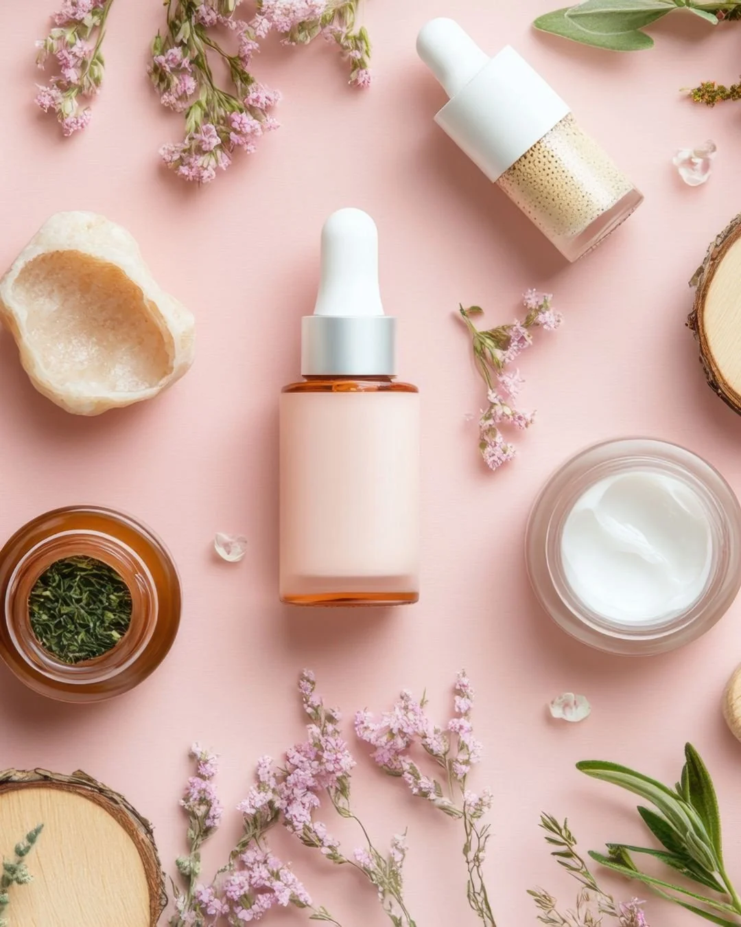 Skincare products including cream jars and serum bottles arranged with flowers on pink background.