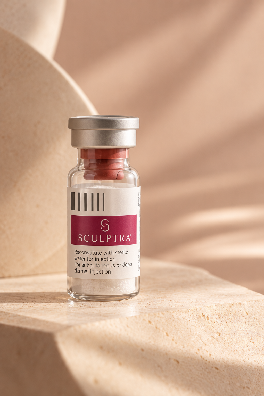 Sculptra box with a small vial of Sculptra injectable in front of it, used for subcutaneous or deep dermal injection.