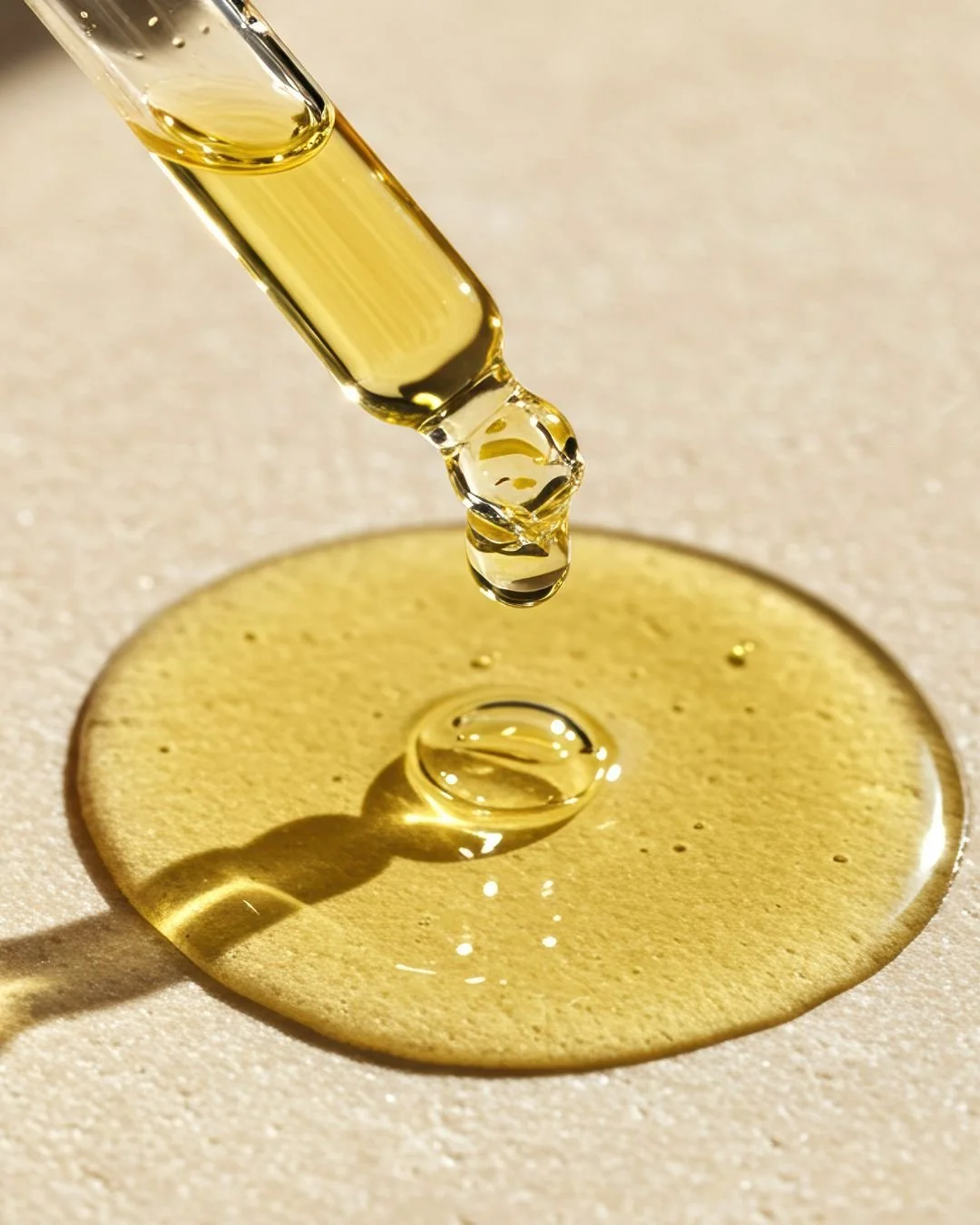 Dropper releasing golden facial oil serum onto a smooth surface.