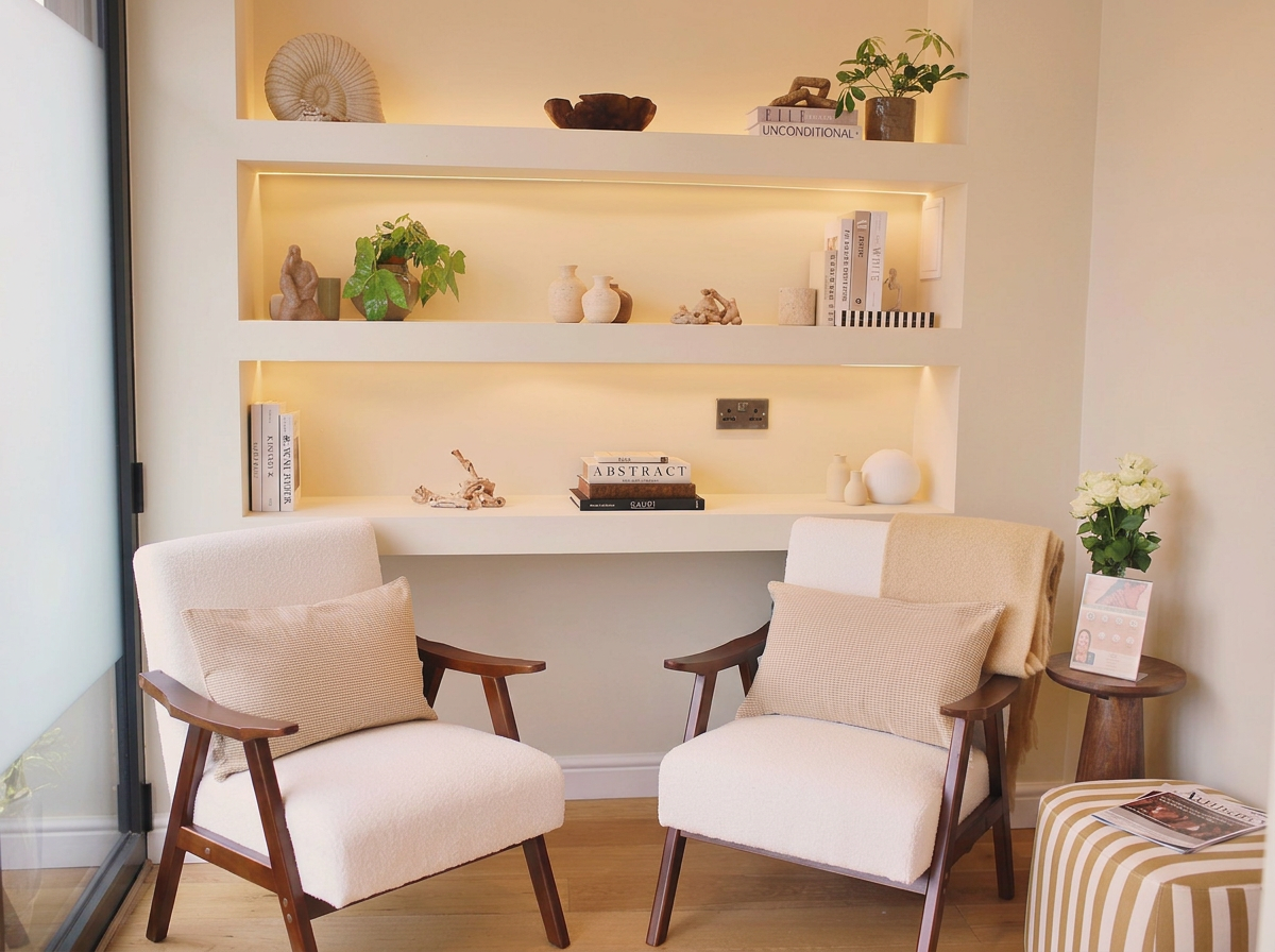 Cozy living room corner with two cream-colored armchairs, beige pillows, white shelves with decorative objects and books, a small side table with a vase of white roses, and a striped ottoman with magazines.