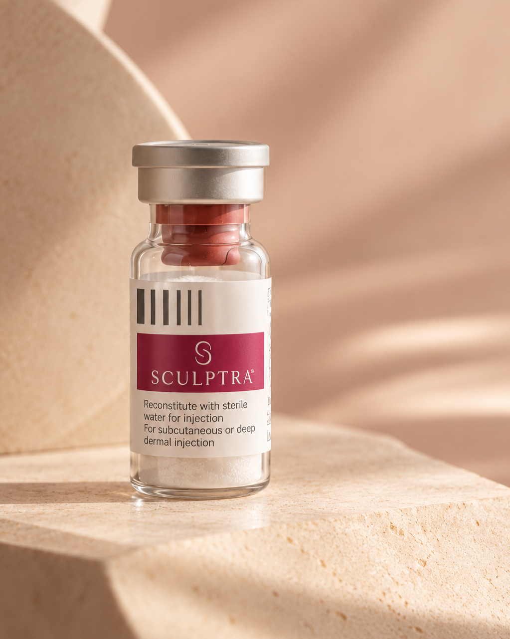 A small glass vial labeled Sculptra, containing pinkish capsules, sitting on a light-colored surface with a blurred beige background.