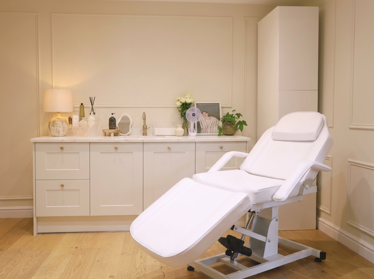 A salon or spa treatment room with a white treatment bed, cabinets, and a countertop decorated with a lamp, framed photo, potted plants, and skincare products, in a neutral-colored room.