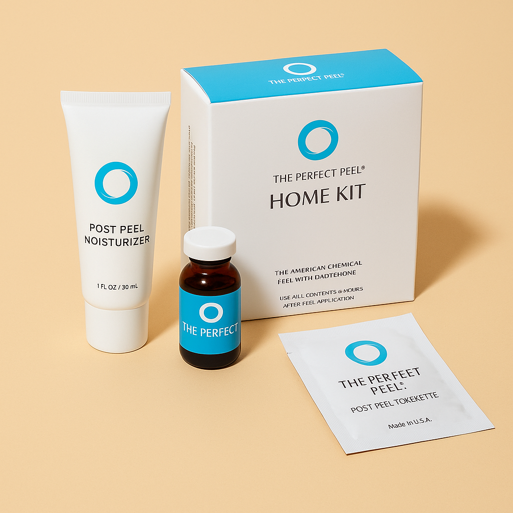 A skincare kit labeled "The Perfect Peel Home Kit" includes a white tube labeled "Post Peel Moisturizer," a small dark bottle with a blue label reading "The Perfect," a white sachet marked "Post Peel Tokette," and a white and blue box with the same branding and description on a beige background.