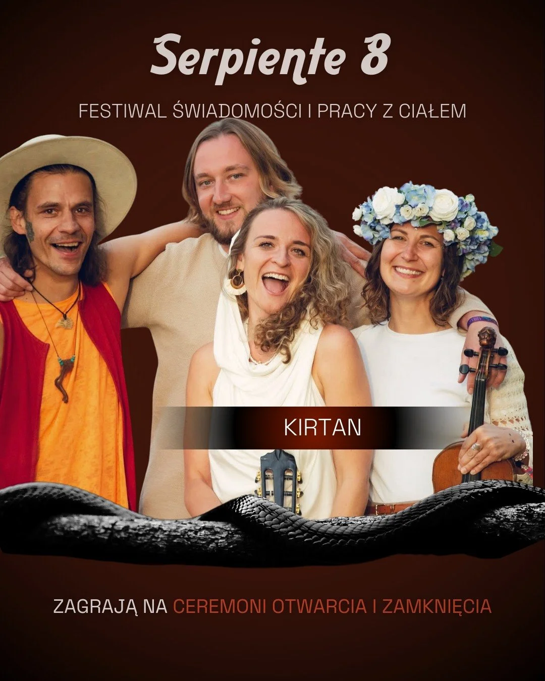 A kto jeszcze bardziej nas otuli swoją muzyką na Ceremonii Otwarcia i Zakończenia Serpiente 8? Kirtan to grupa os&oacute;b, kt&oacute;re za każdym razem z radością gościmy na naszym festiwalu, 

Zdecydowanie - muzyki dzięki nim nam nie zabraknie. Do 