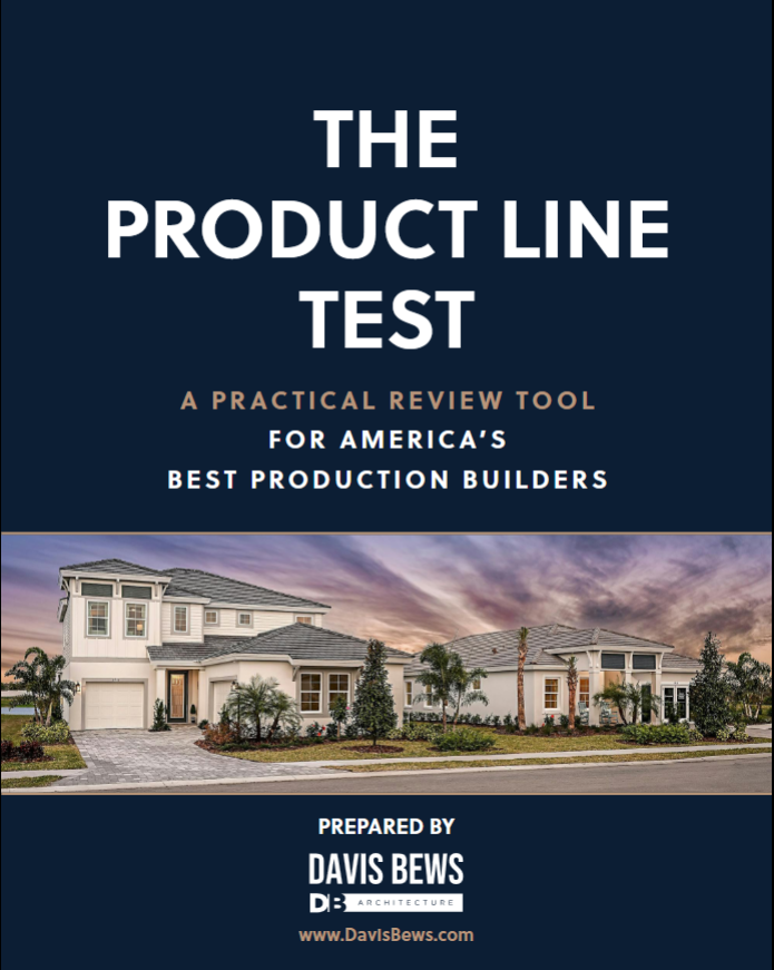 Cover of a book titled 'The Product Line Test,' with a subtitle 'A Practical Review Tool for America's Best Production Builders.' The cover features a photo of modern houses in a suburban neighborhood at sunset, and the book is prepared by Davis Bews.