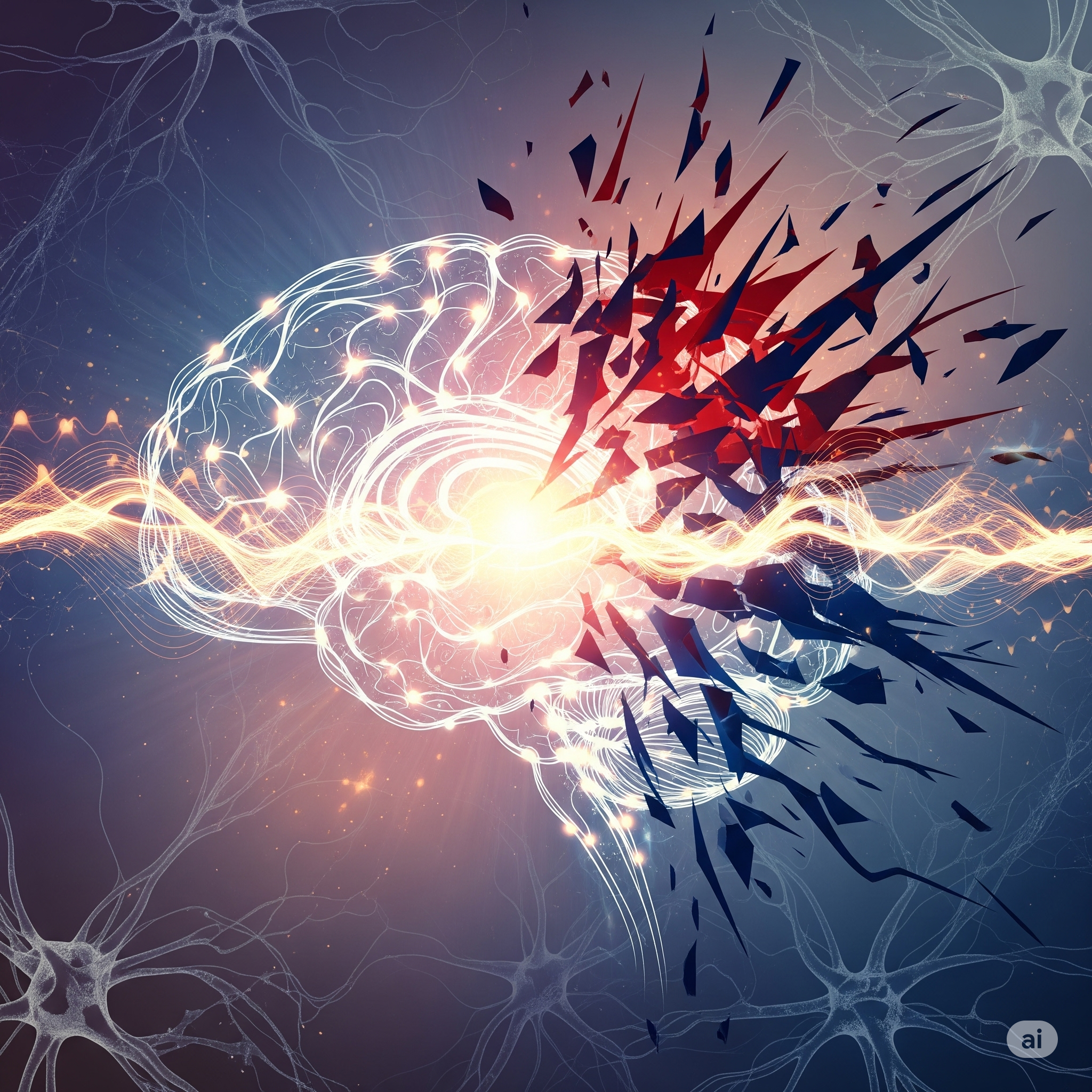 Künstliche Darstellung eines Gehirns mit elektrischen und energetischen Mustern, das von einem explodierenden, stacheligen Punkt angegriffen wird, umgeben von neuronalen Strukturen.