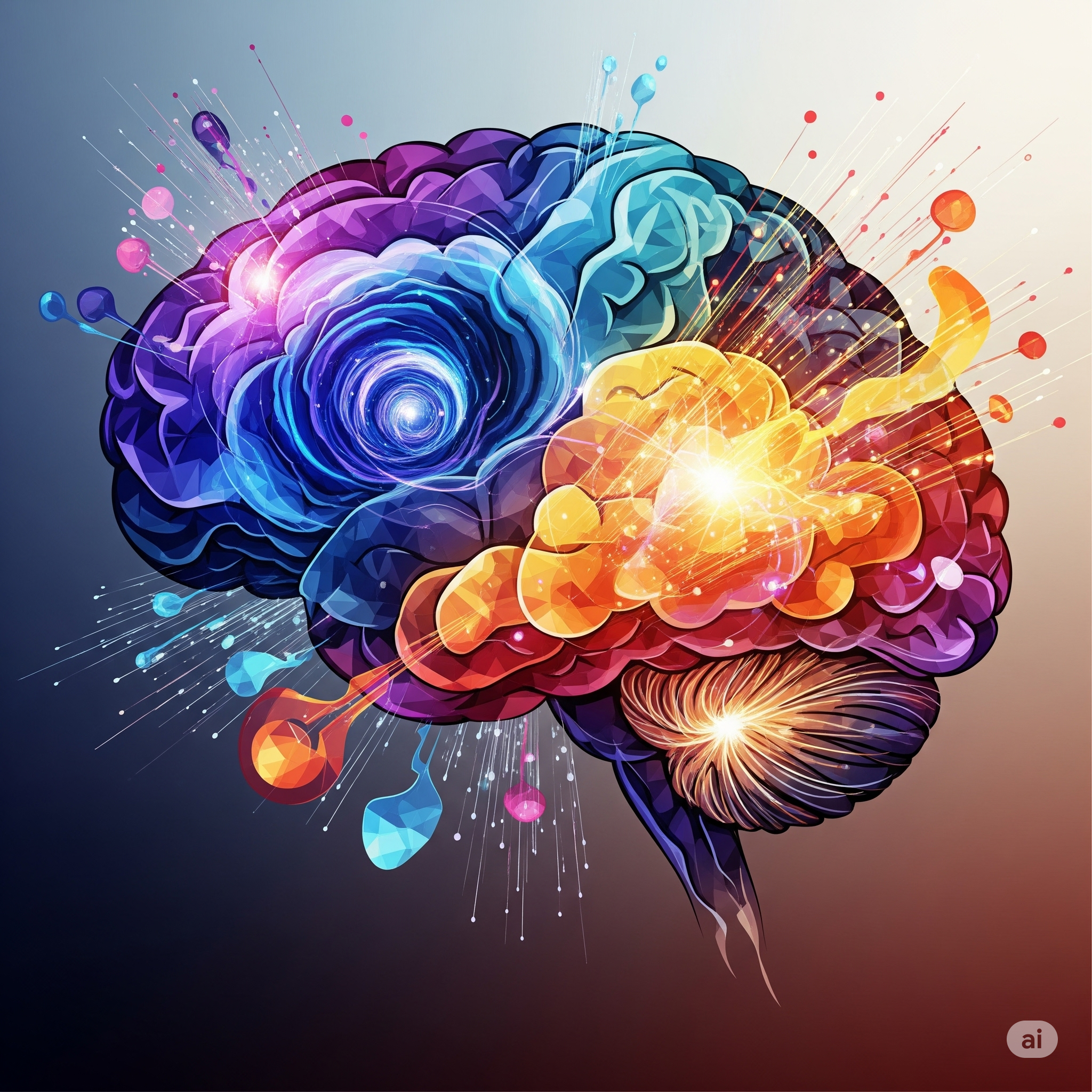 Digitales Kunstbild eines menschlichen Gehirns mit farbigen, abstrahierten neuronalen Netzen, explodierenden Farben und Lichteffekten, die Kreativität und mentale Energie darstellen.