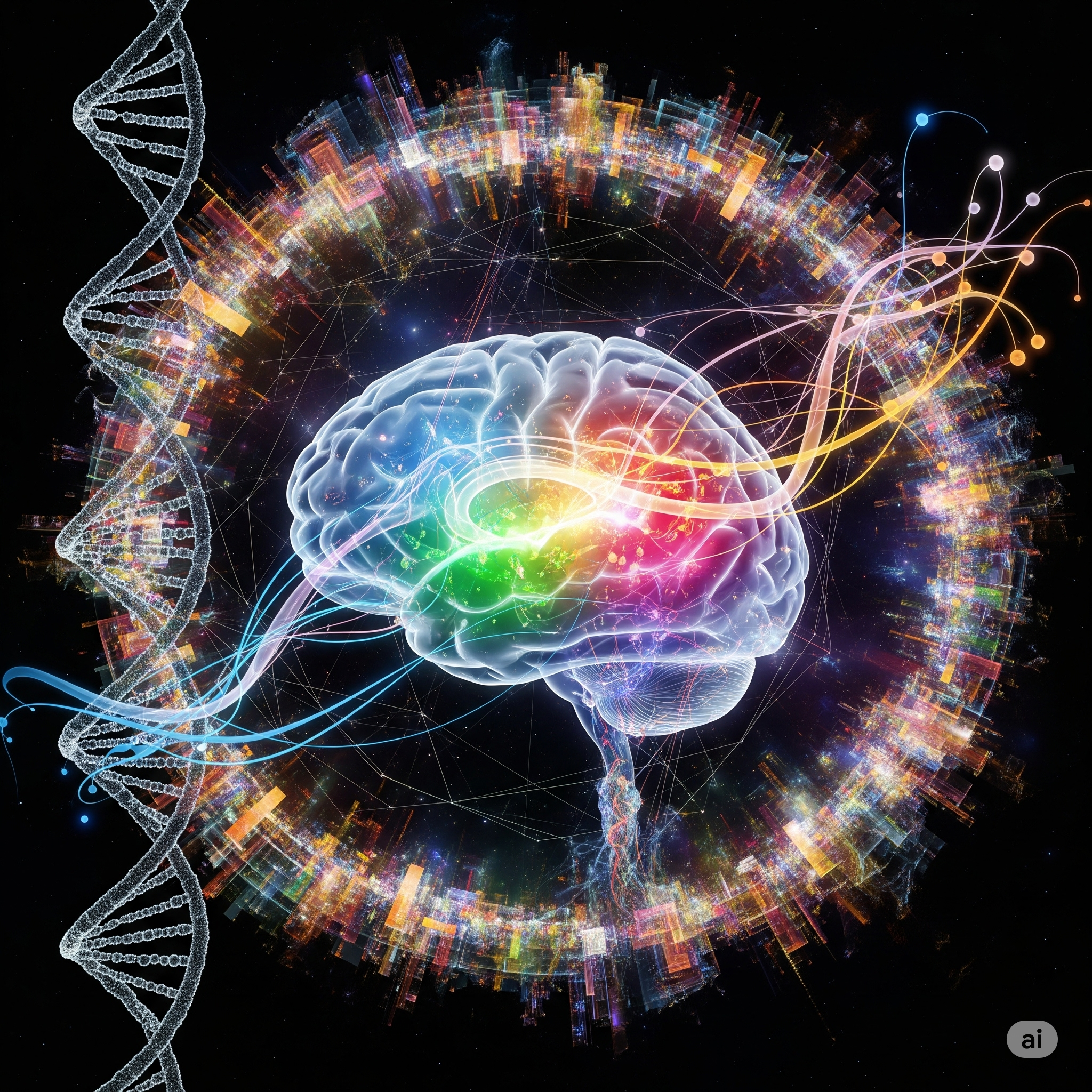 Eine digitale Illustration des menschlichen Gehirns mit leuchtenden Farben, umgeben von DNA-Spirale und Netzwerklinien, symbolisiert technologische und neurologische Forschung.