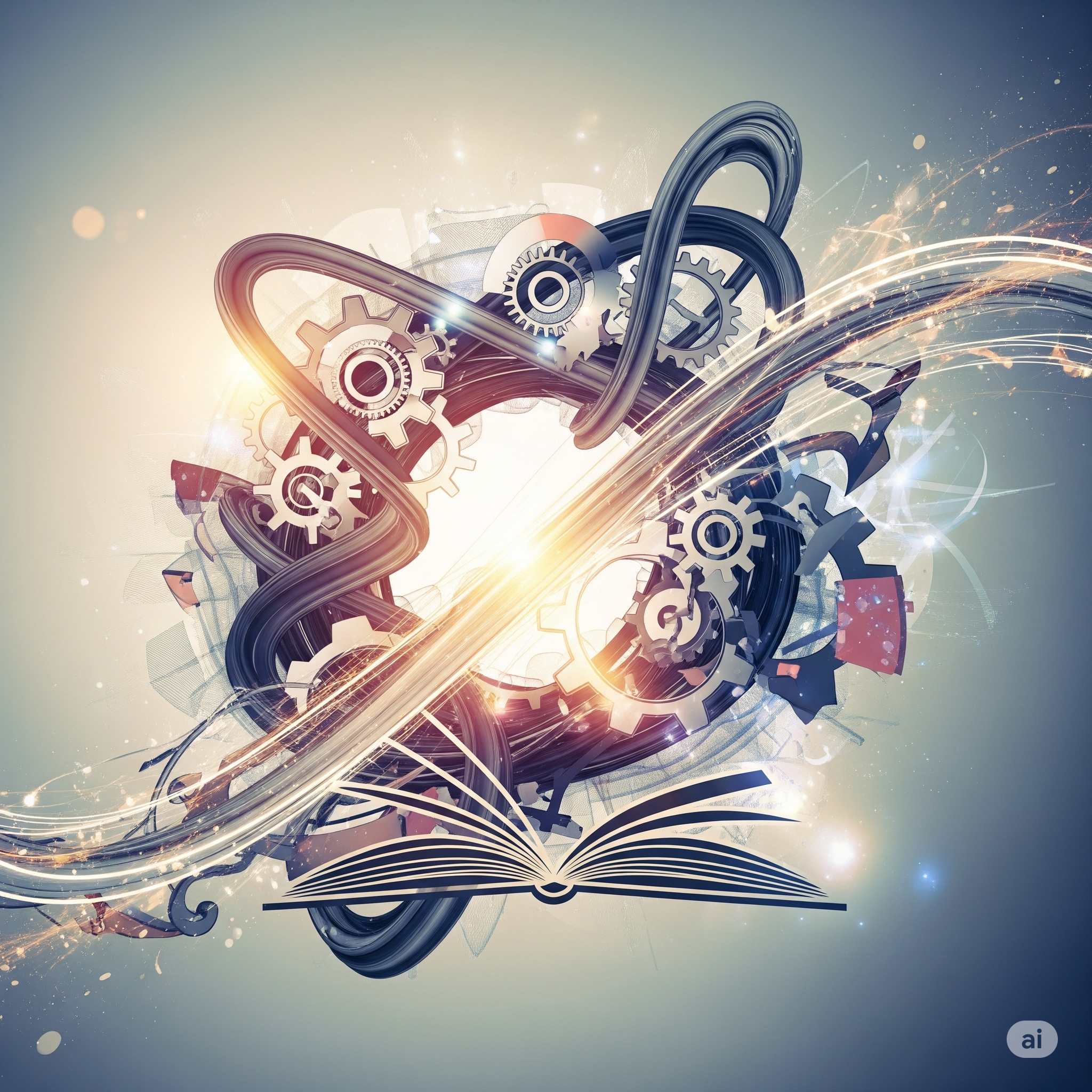 Eine offene Buch mit einem leuchtenden, abstrakten Design aus Zahnrädern, mechanischen Teilen und Lichtstrahlen, symbolisiert Wissen, Technologie und Innovation.
