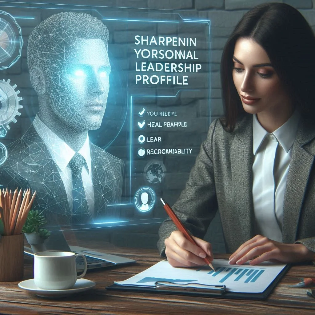 Frau arbeitet an einem Tisch mit einem digitalen, holografischen Profil eines Mannes, das Leadership-Profile auflistet. Es enthält Punkte wie 'you differ', 'heal people', 'learn' und 'reclaimability'.