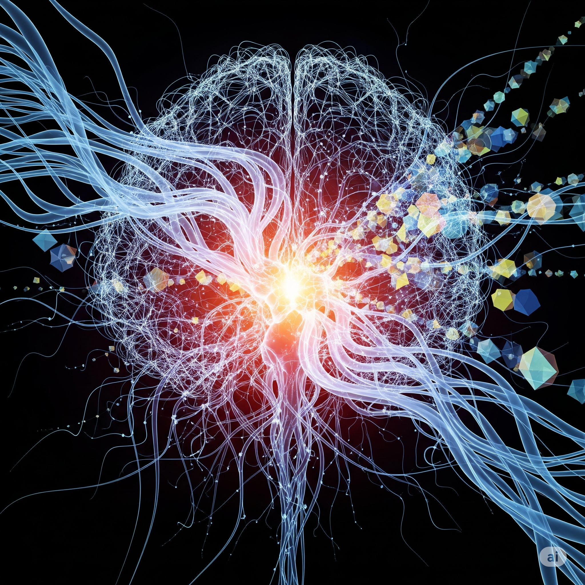 Kunstvolle digitale Darstellung eines neuronalen Netzwerks im Gehirn mit leuchtenden Verbindungen und elektrischen Impulsen in Neonfarben gegen einen schwarzen Hintergrund
