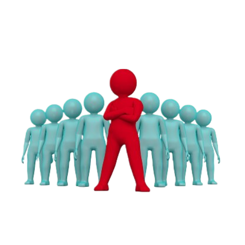 Zentrale, roter symbolischer Mensch vor einer Gruppe von blauen symbolischen Menschen, symbolisiert Führung oder Kontrolle.