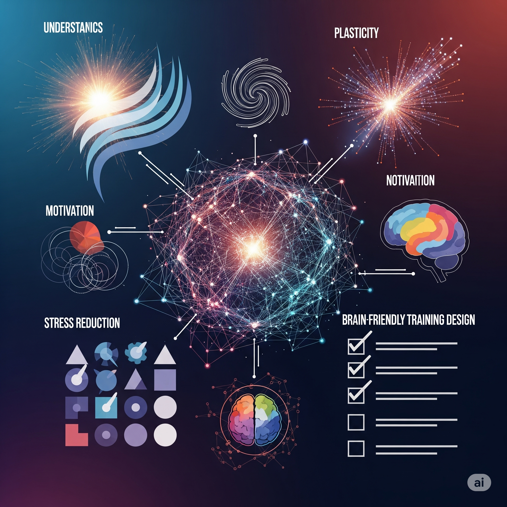 Grafische Darstellung von Themen rund um das Gehirn und Lernen, einschließlich Verständnis, Flexibilität, Motivation, Stressreduktion, und designbasierte Gehirntraining-Methoden.