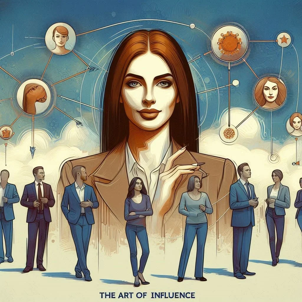 Illustration zeigt eine große Frauenfigur im Mittelpunkt, die Selbstbewusstsein ausstrahlt, umgeben von kleineren Menschen, die miteinander verbunden sind. Im Hintergrund sind Symbole und Bilder, die Kommunikation und Einfluss darstellen, mit dem Titel "The Art of Influence".