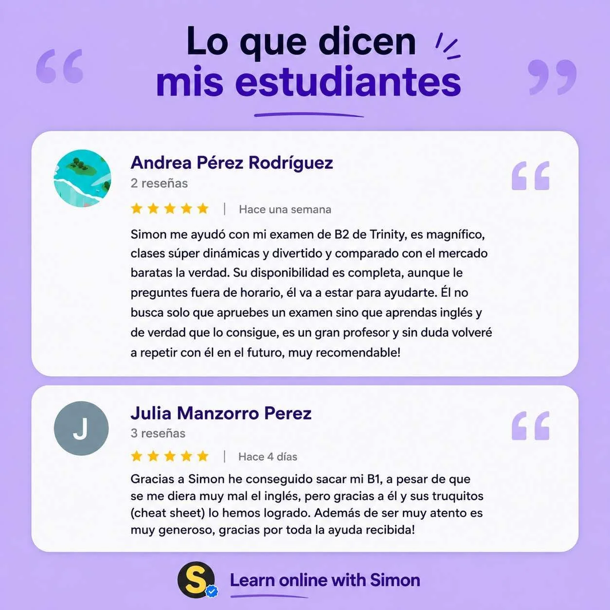 Reseñas de estudiantes que recomiendan al profesor Simon para aprender inglés, con calificaciones de cinco estrellas, en un fondo morado con texto en español.
