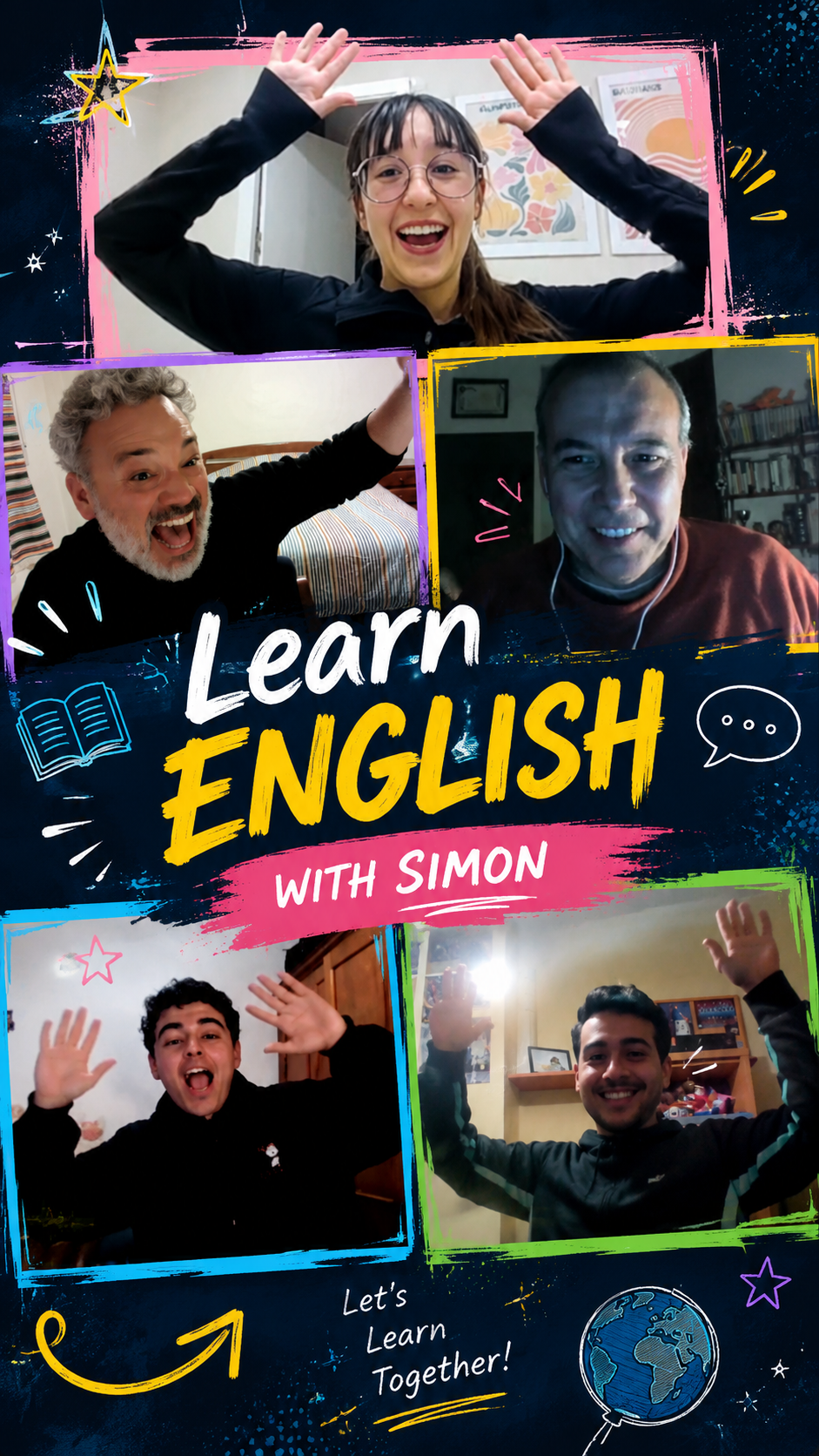Grupo de cinco personas sonriendo y saludando en una videollamada, con textos y dibujos coloridos promocionando aprender inglés con Simón.