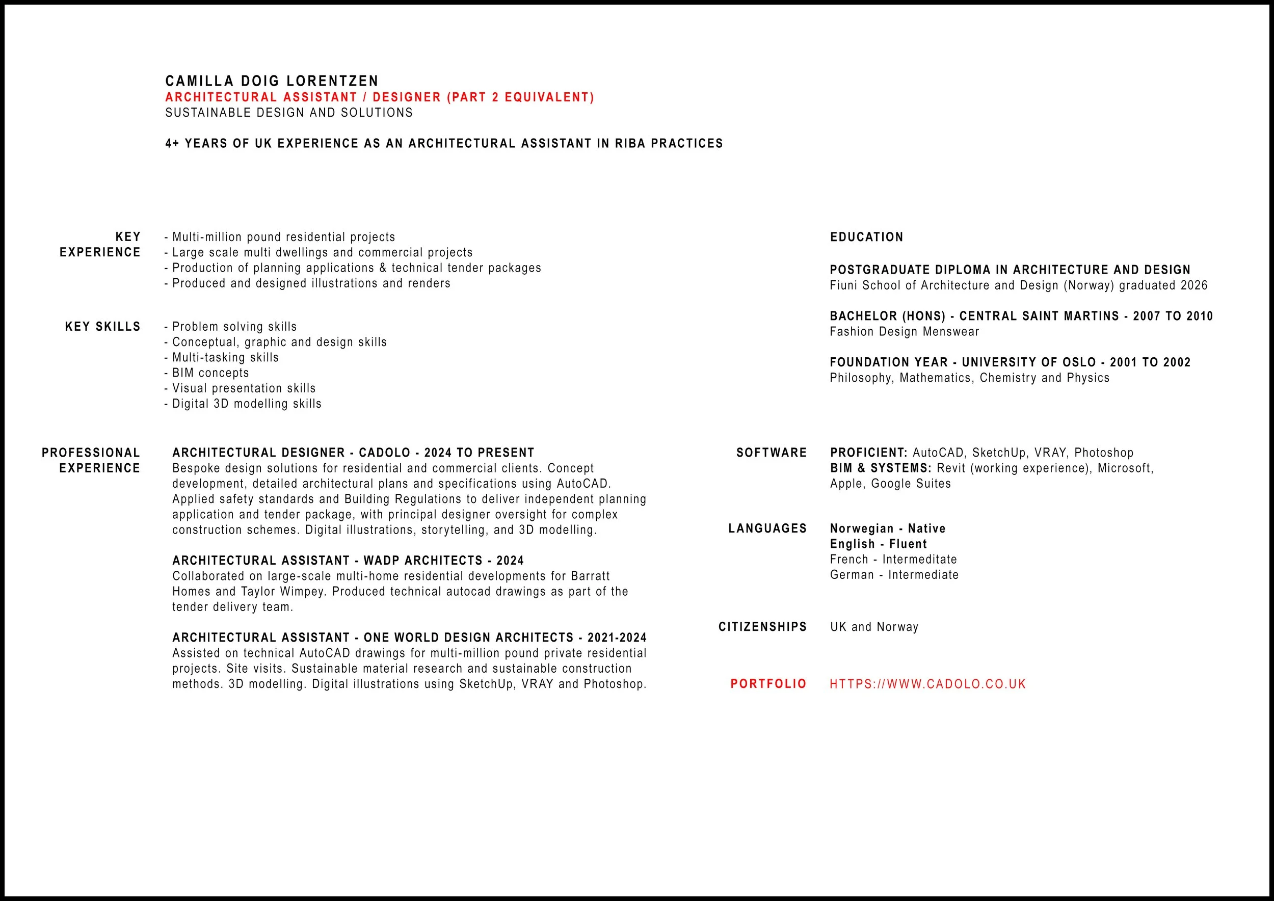 Architectural CV of Camilla Doig Lorentzen, CADOLO. Specialising in residential layout proposals and technical package delivery across Surrey.