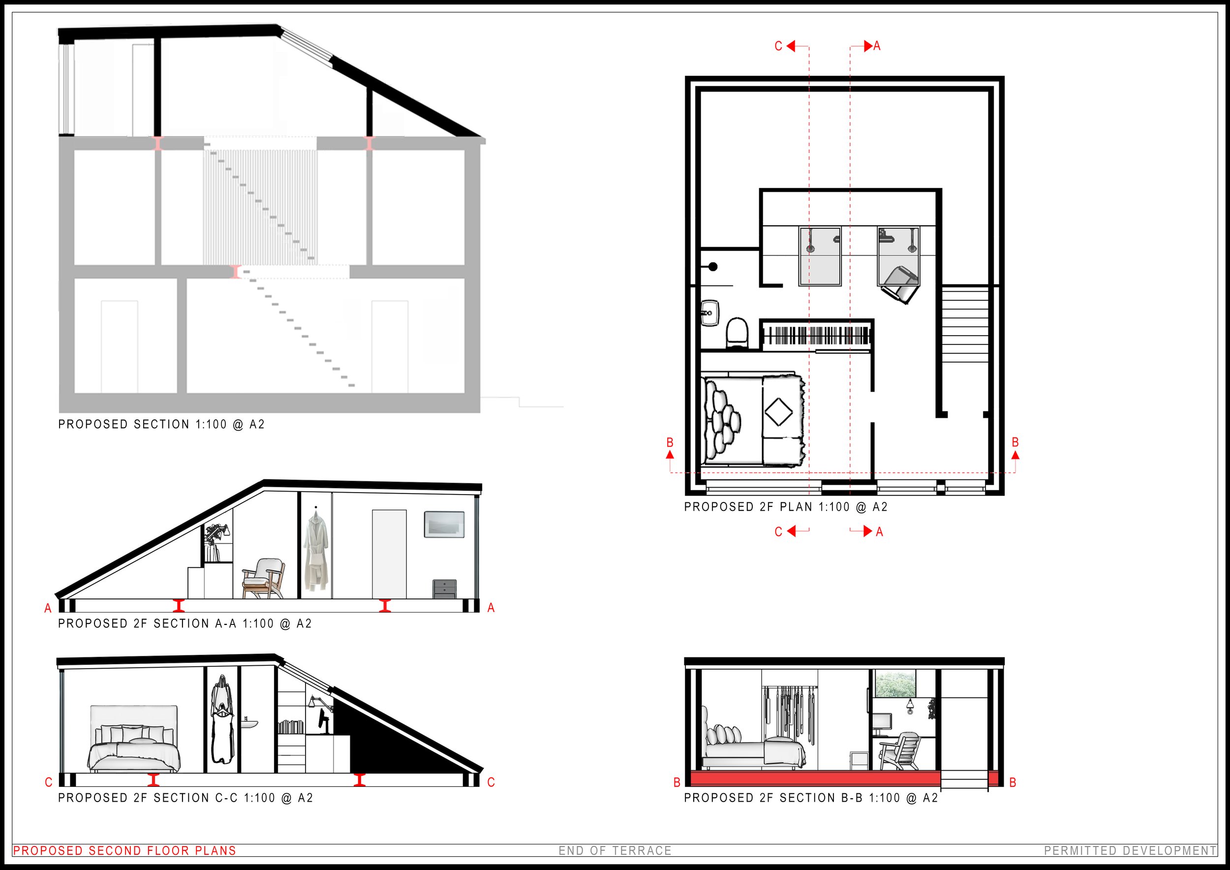 Bespoke residential proposal. Permitted development. Proposed second floor plans and sections.