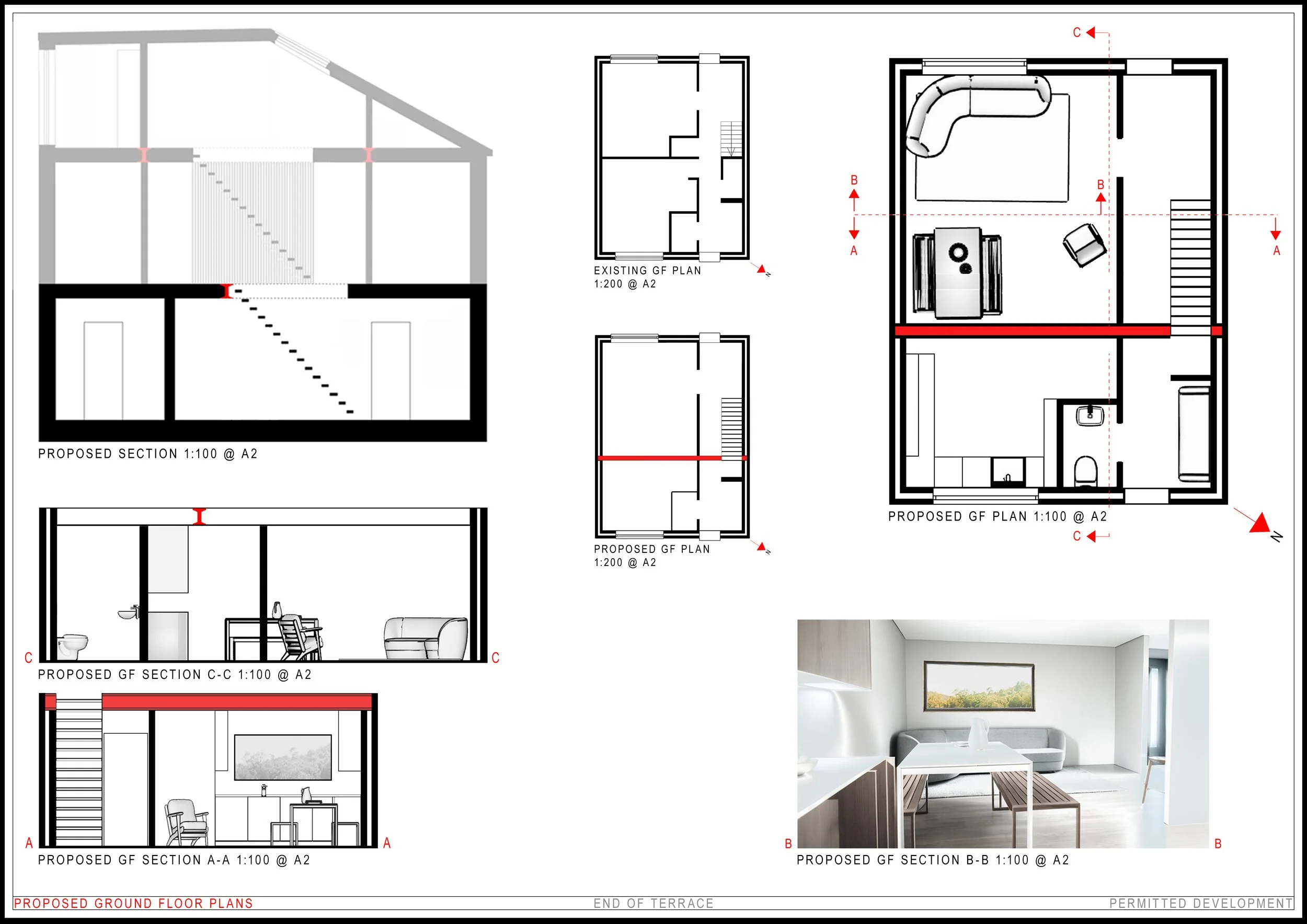 Bespoke residential proposal. Permitted development. Ground floor plans and sections.