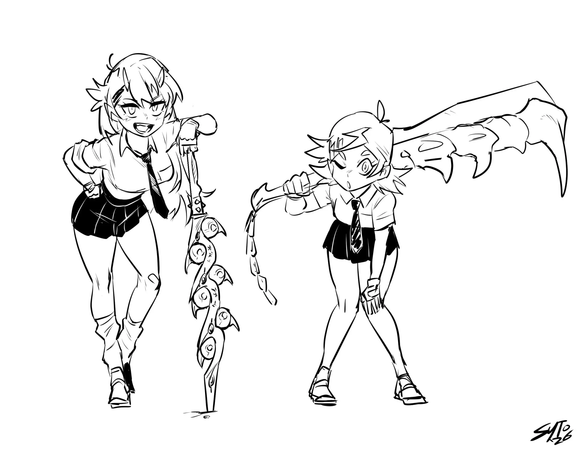 Concepting for Helia and Neora's weapons.
