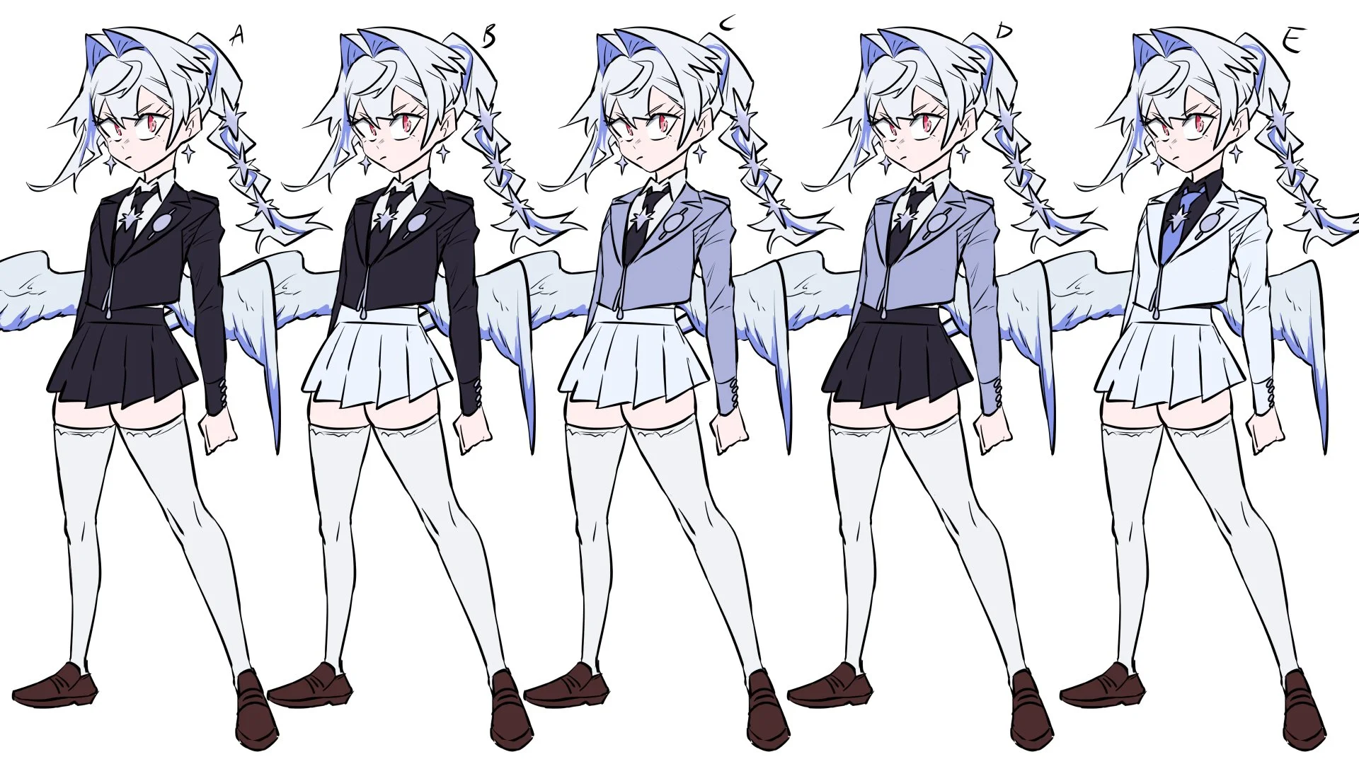 Vise uniform exploration. At this point I wanted a uniform design that could reasonably suit all the characters and look good on them. Focused mainly on neutral colour schemes like white, grey and black.
