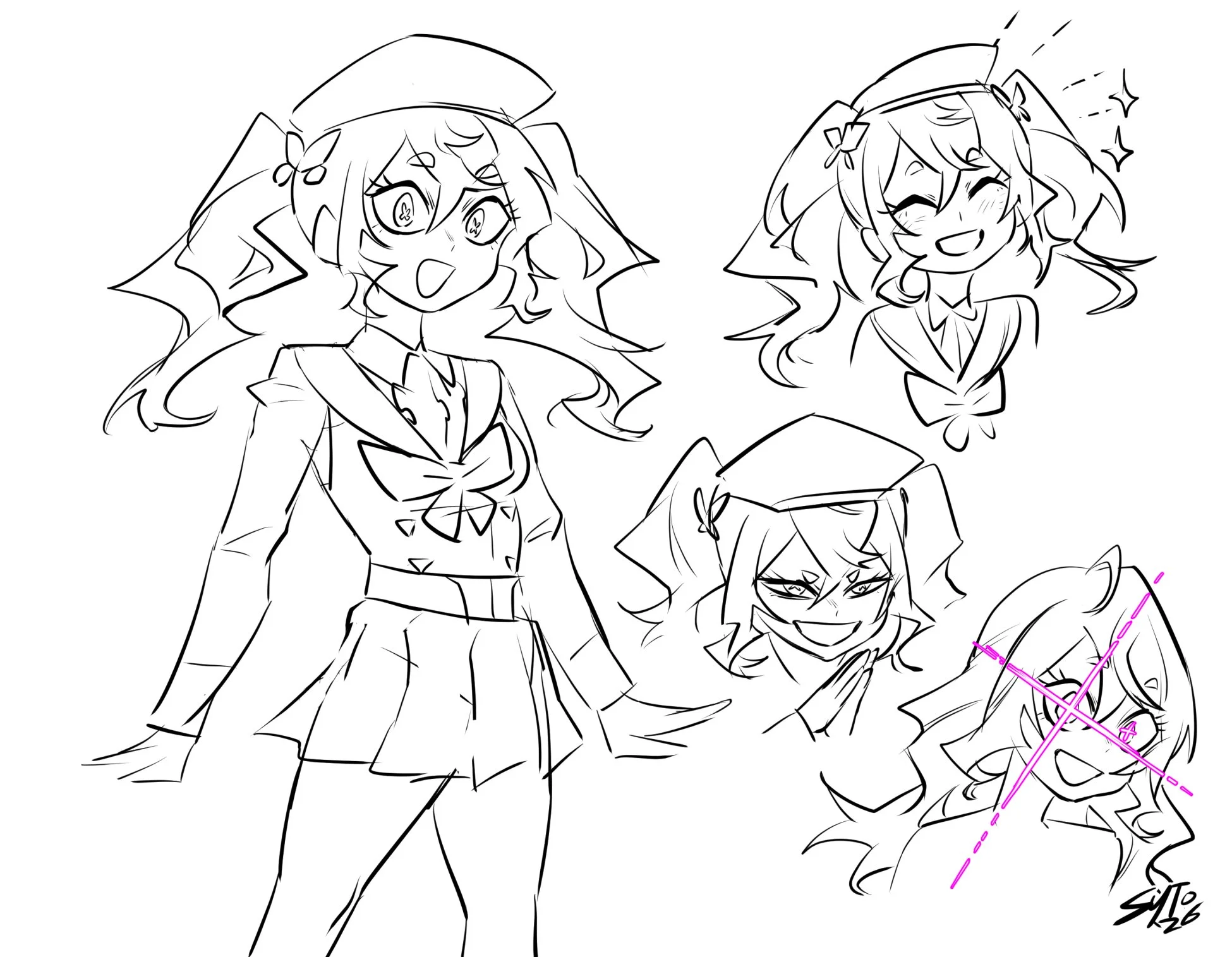 Concepting for Iris, the brat girl. At this point I was thinking that she'd be Vise's sister and rival. In this image I was imagining her as an idol - cheerful as a mask but a menace inside.