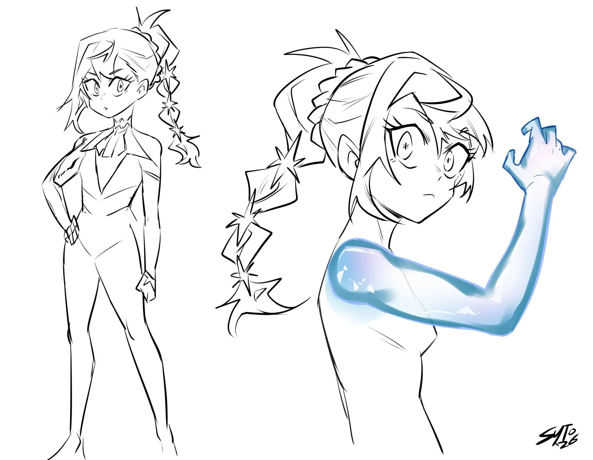 More Vise. For a while I was thinking she could have a missing arm, and in its place is a magic energy arm manifested by her powers.