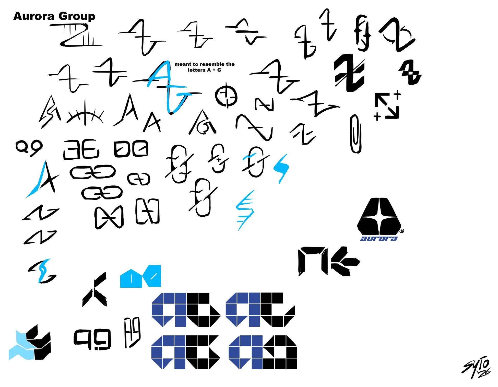 Logo concepting for the Aurora Group, a world-spanning megacorporation that organises the Hunts the characters go on. It was here I started brainstorming potential factions in WRTH's world.