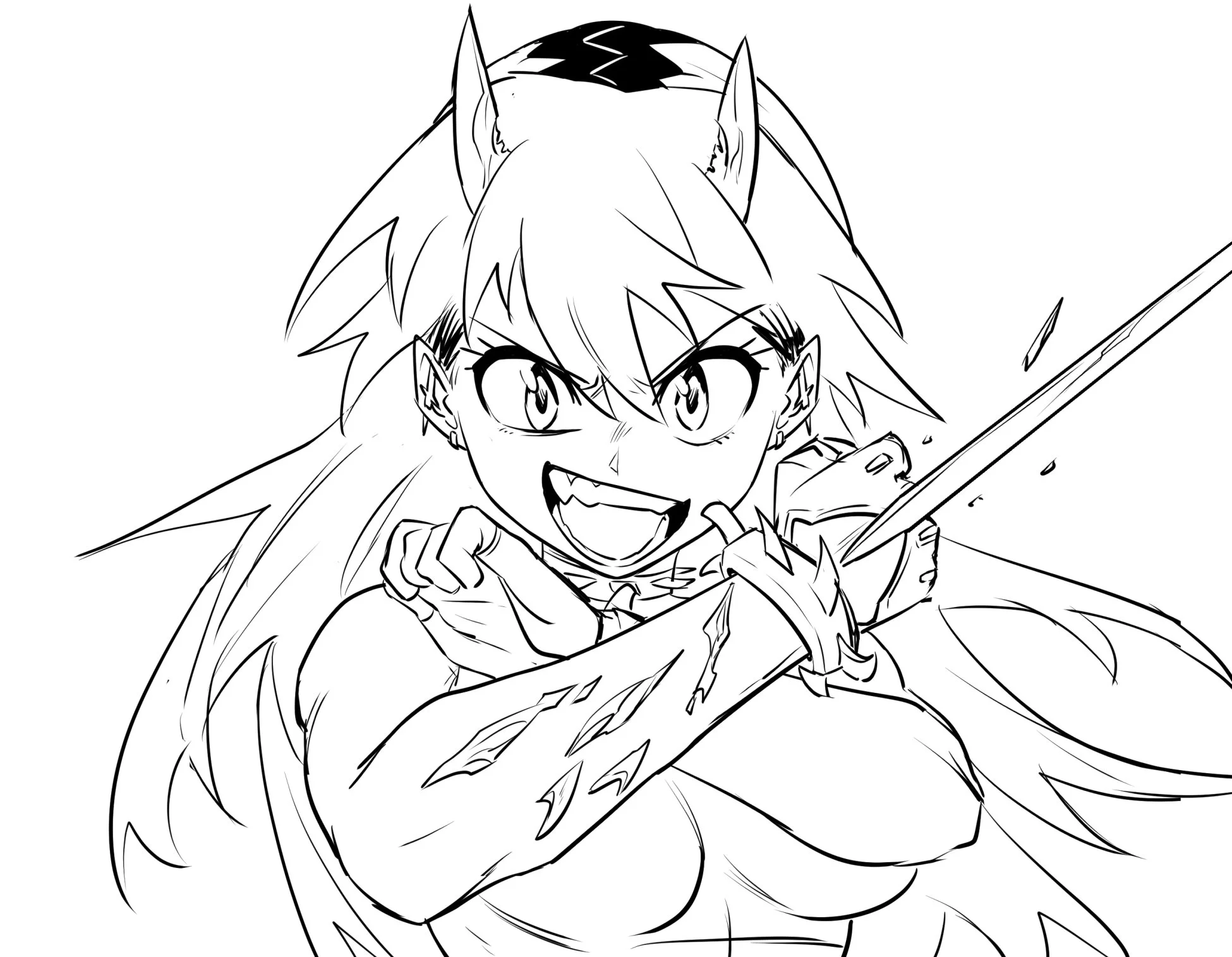 Reworking Helia's powers, called Overblade. She can manifest metallic blades & protrusions from her body. This let me settle on the idea that her oni horns are a result of her powers, as opposed to being an actual oni.