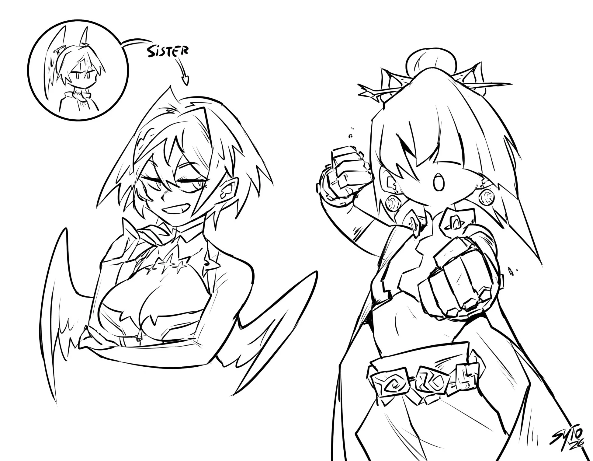 New character ideas. The left is further work concepting Iris (Vise's sister). On the right is revisiting Neora's concept as a martial artist girl. Whether this girl will be merged with Neora or made a separate character remains to be seen...