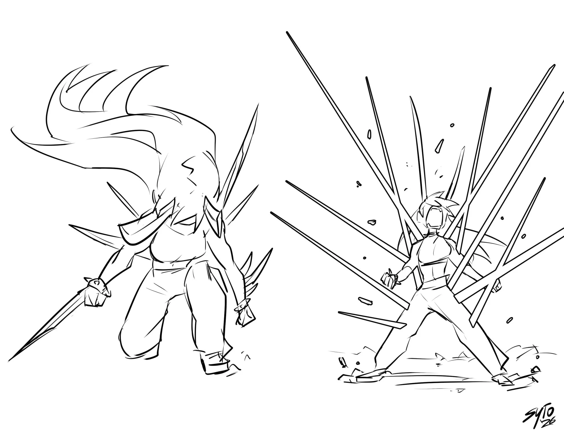 Sketches visualising Helia's powers in action.