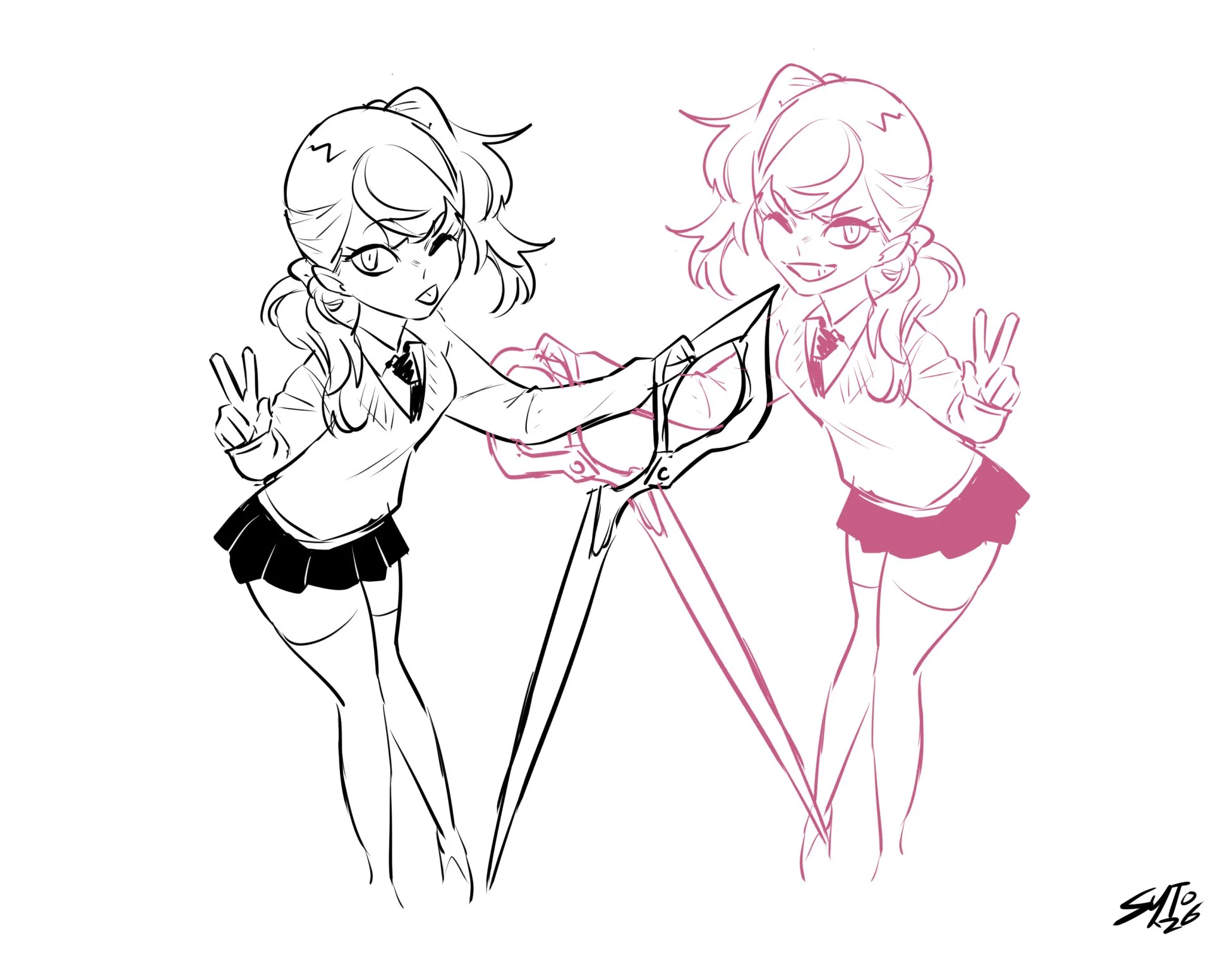 Concepting for a new character, a bratty girl who had a giant scissor blade and could clone herself. The brat idea would be kept for a later character, Iris.
