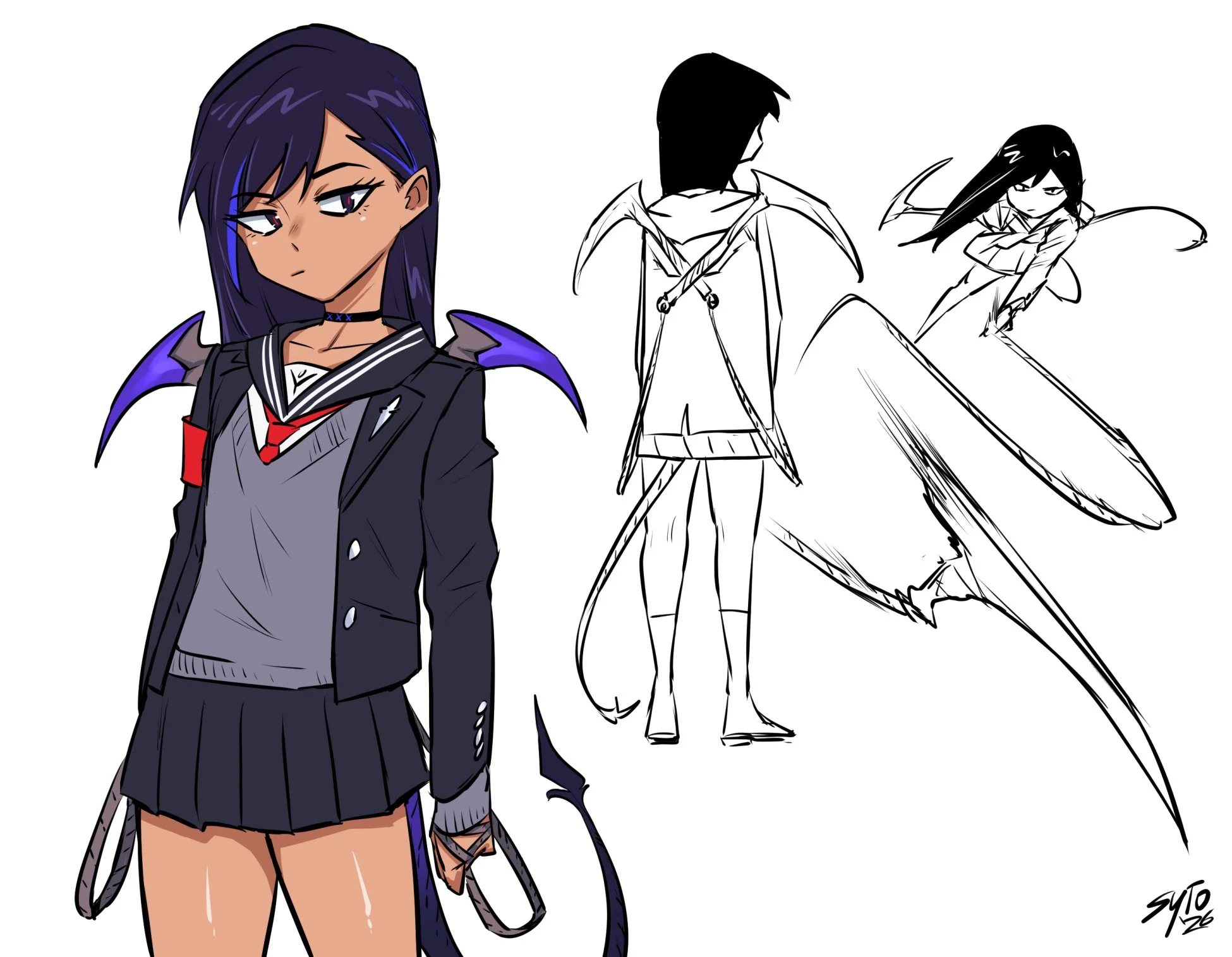 Julie rework. Also starting to settle into a design I like for her. Gave her a demon tail, with her twin sickle weapons suggesting the appearance of wings.