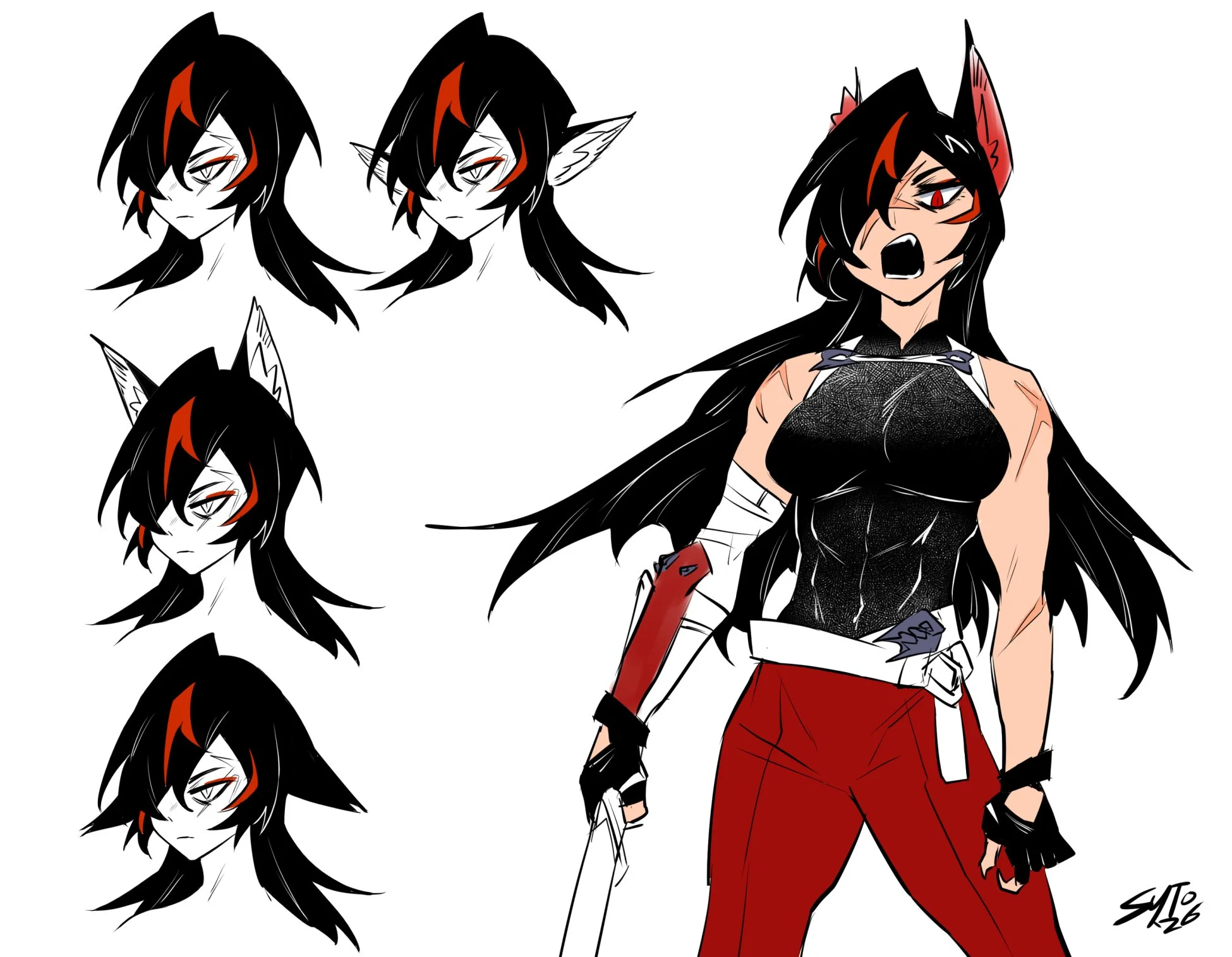 First sketch page for Vindica, an adult Hunter woman. At the moment I'm imagining her as a grisled veteran Hunter and strict combat instructor.