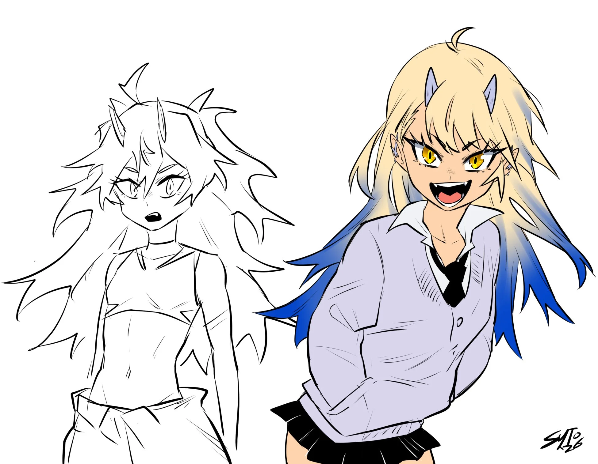 More Helia concepting. Her entire concept is "oni gyaru", and 90% of the work is trying to get the exact vibe I wanted. Should she seem mischievous? Tomboyish? Airheaded?