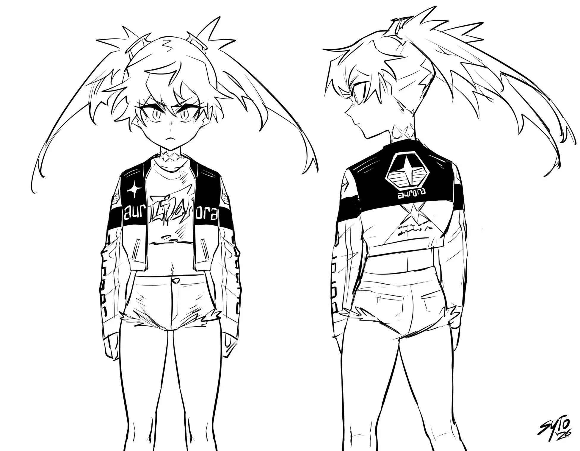 Vise's casual fit. The idea was she was a rebellious spirit who is nonetheless beholden to the Aurora Group. Above her grungey clothes she wears an Aurora racing jacket.
