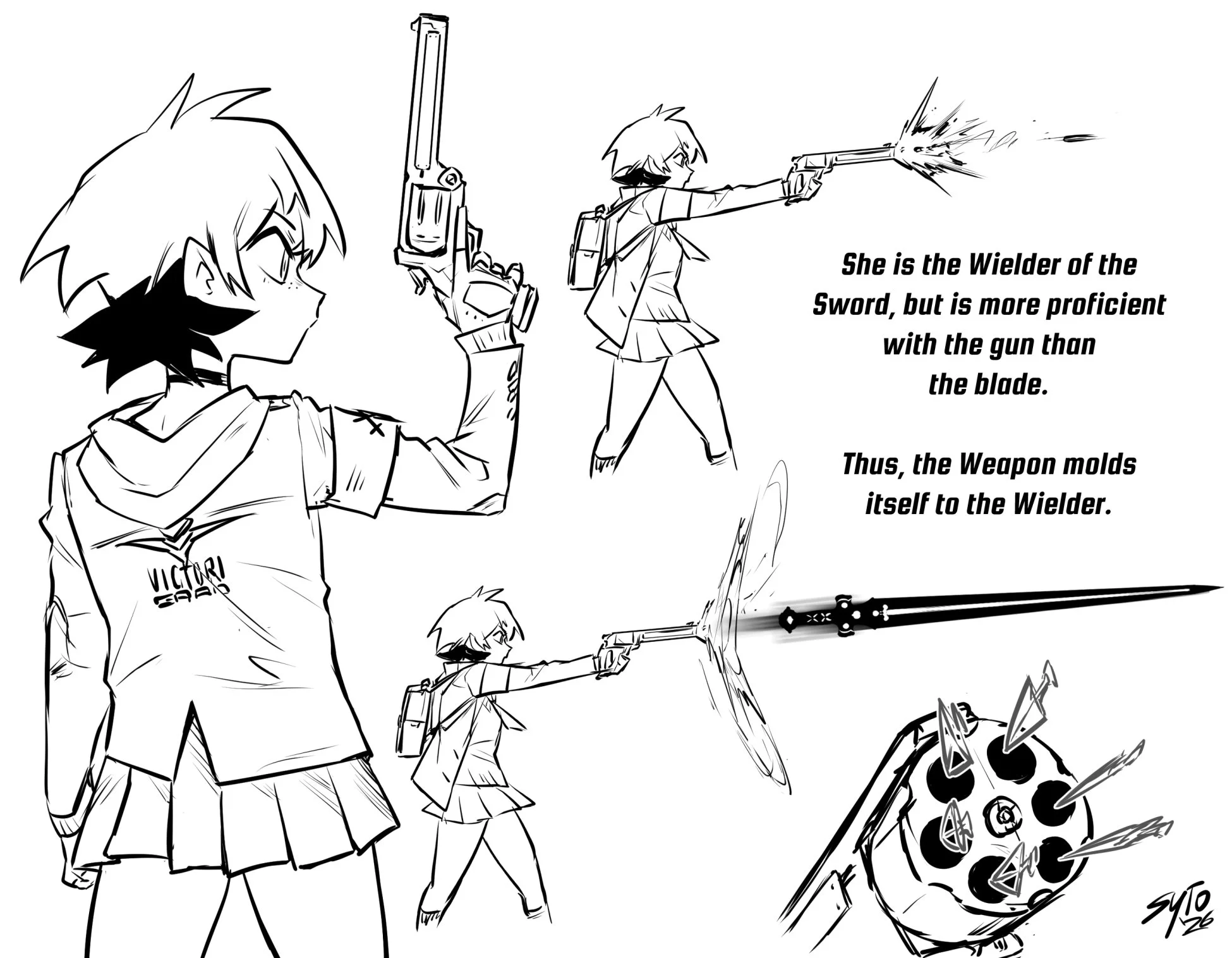 Reworking MC's powers and weapons. I always loved handcannon revolvers and found it suited her well. At this point I'm also arriving at a power system I liked and found cohesive, centred around the idea of ancient magical Weapons, with each Weapon ch