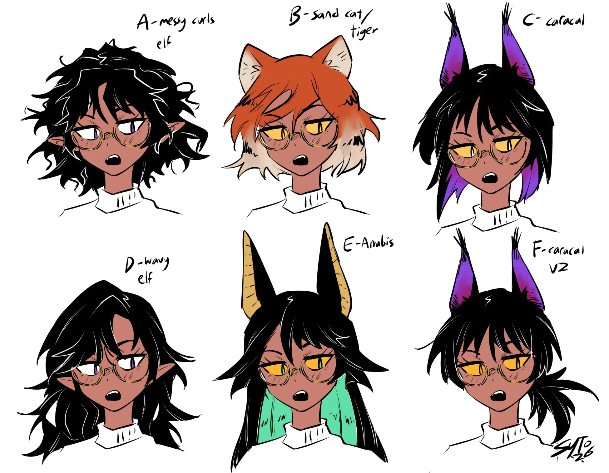 Concepting for Julie. Her initial concept is a girl with animal/elf ears so there was much experimentation with ear + hair combos.
