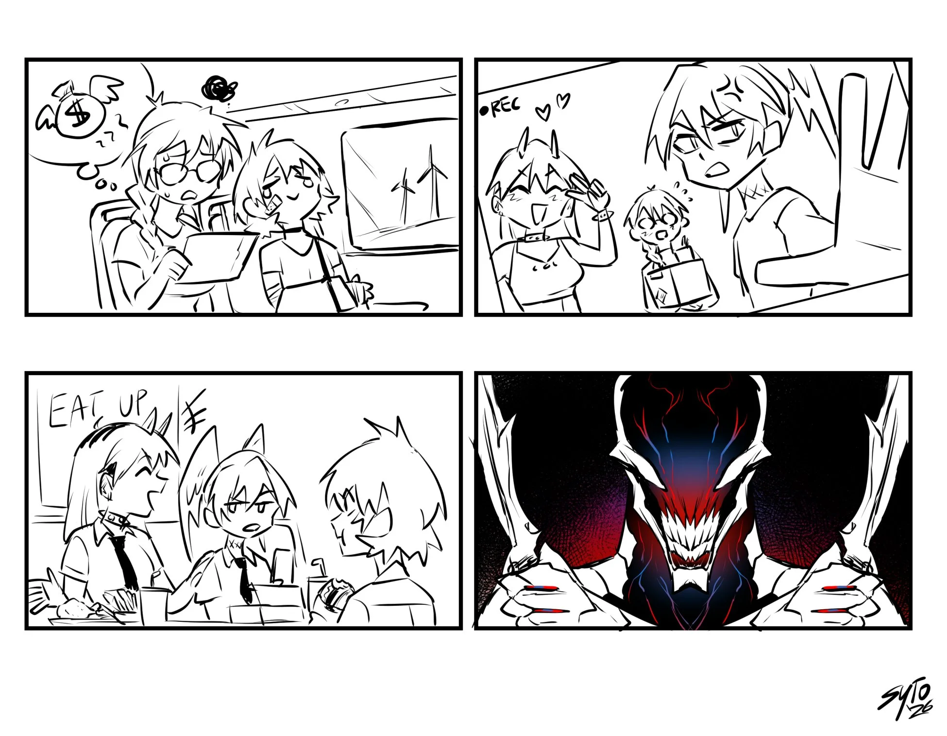 Sketching out scene ideas for WRTH "episode snapshots". First is Lynn and MC counting their losses after a botched Hunt. 2nd is MC recording her team. 3rd is MC eating with Helia and Vise. 4th is the concept for a SCAR boss enemy.