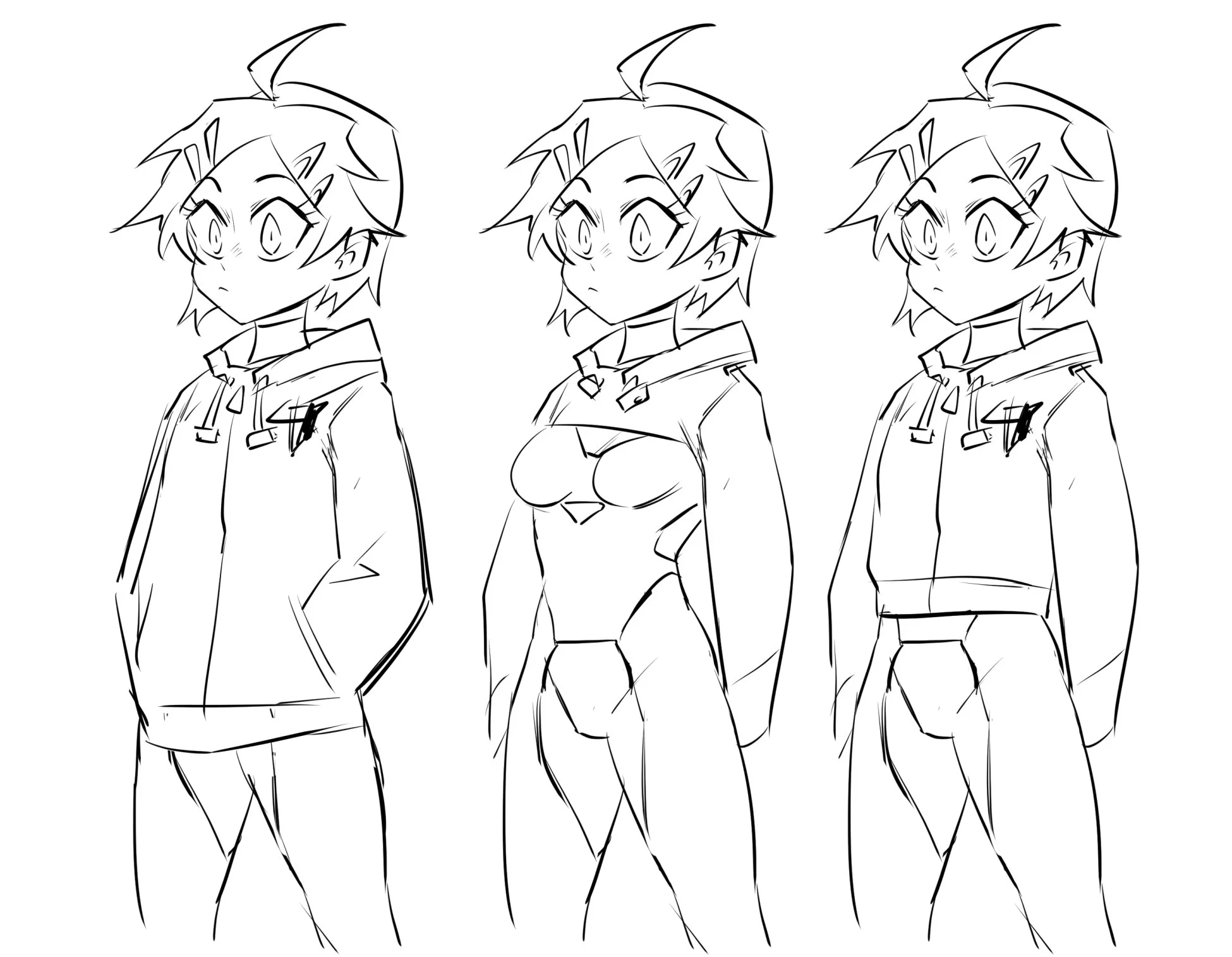 Experimenting with different jacket lengths to combine with the bodysuit. The added clothes help ground the sci-fi elements in a more contemporary modern aesthetic.